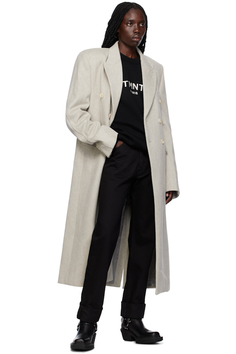 Felted virgin wool coat.

· Peaked lapel
· Double-breasted button closure
· Welt pocket and flap pockets
· Padded shoulders
· Four-button surgeon's cuffs
· Twin vents at back hem 
· Welt pockets at interior
· Logo-woven satin lining

Supplier color: White