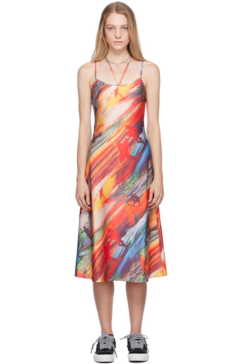 Polyester satin dress. Graphic printed throughout.

· Square neck 
· Fixed spaghetti shoulder straps
· Self-tie halter straps
· Central seam at back

Supplier color: Red sunset