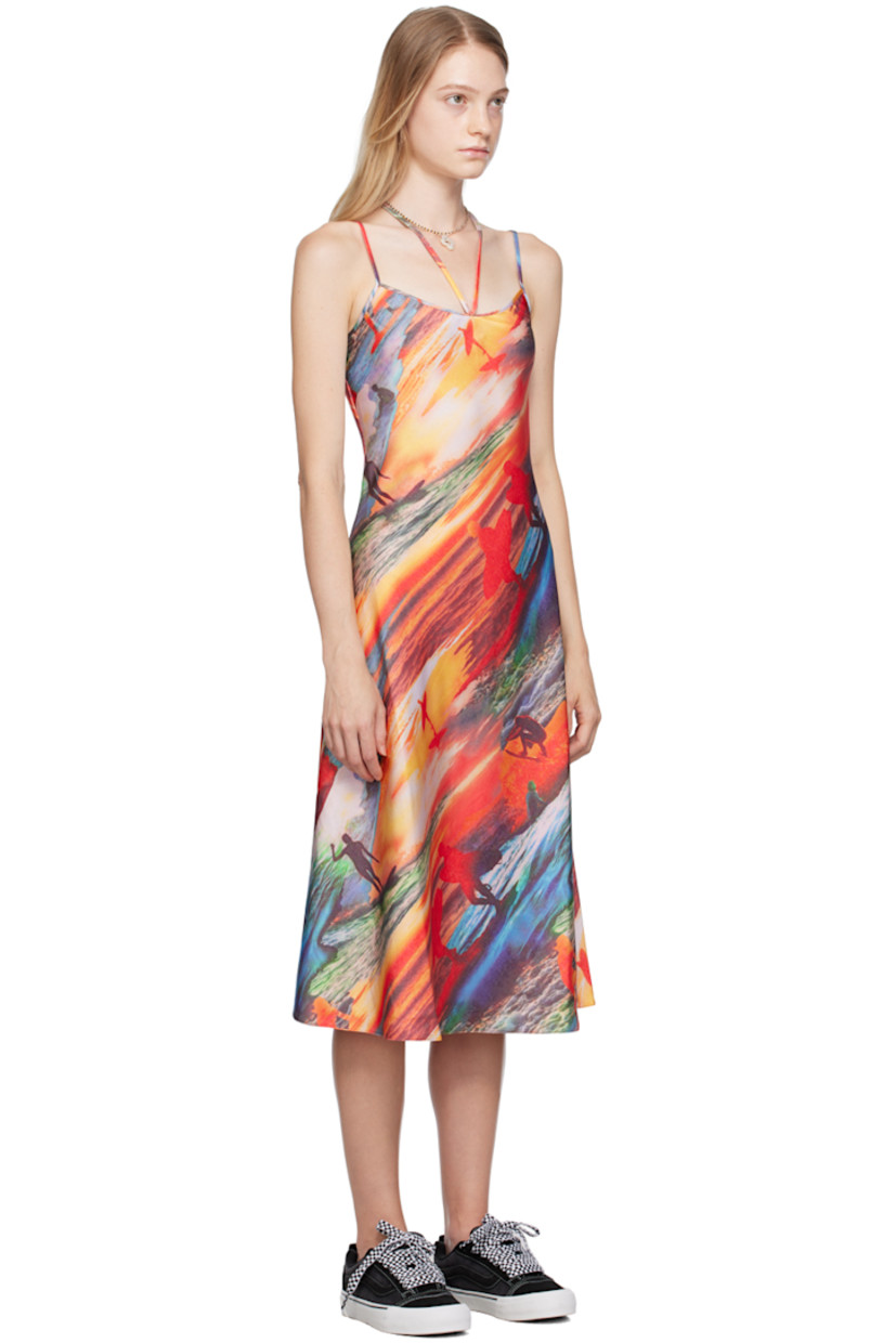 Polyester satin dress. Graphic printed throughout.

· Square neck 
· Fixed spaghetti shoulder straps
· Self-tie halter straps
· Central seam at back

Supplier color: Red sunset