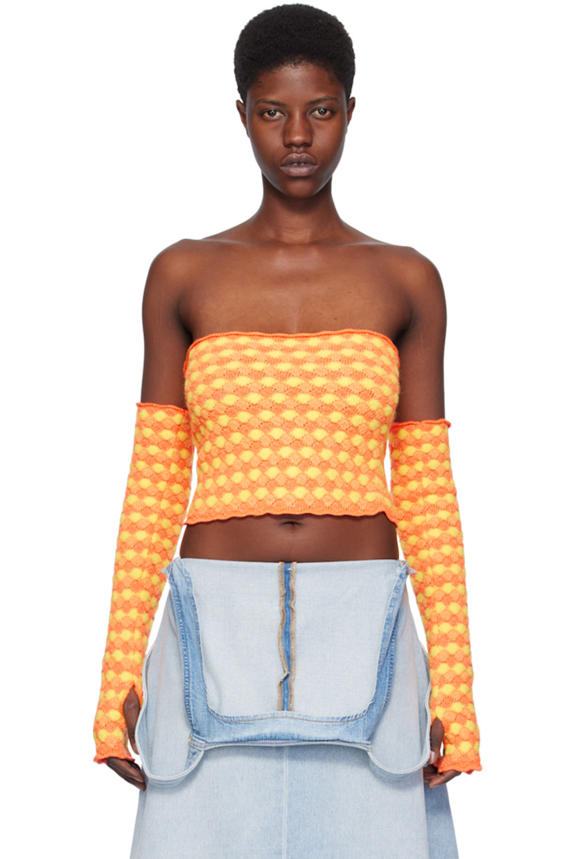 Knit and brushed knit polyester-blend tank top. Scalloped edges, metallic thread detailing, and jacquard pattern throughout. 

· Straight neck
· Arm warmers included

Supplier color: Orange