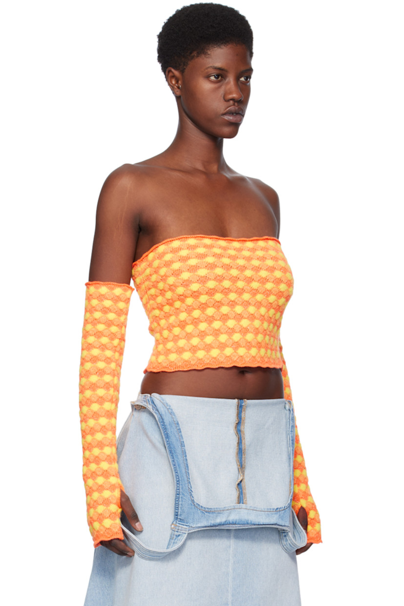 Knit and brushed knit polyester-blend tank top. Scalloped edges, metallic thread detailing, and jacquard pattern throughout. 

· Straight neck
· Arm warmers included

Supplier color: Orange