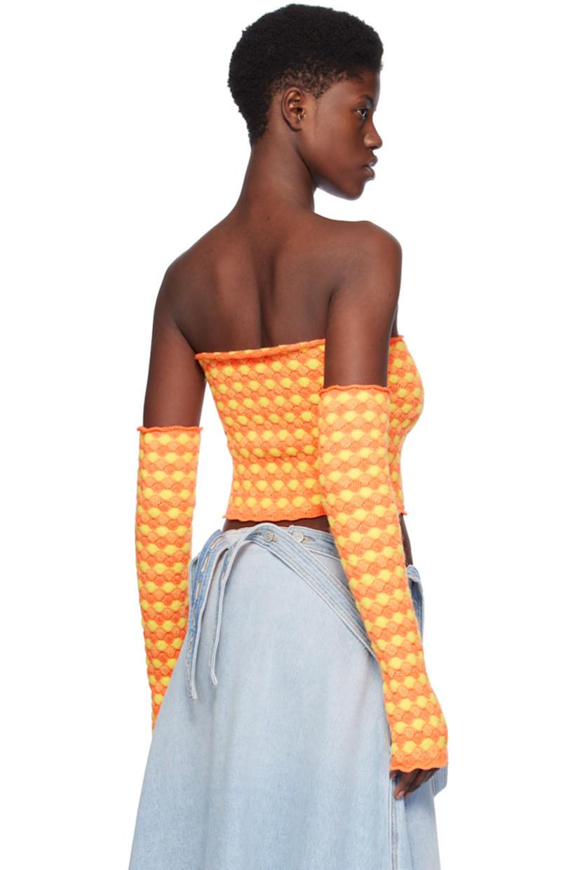 Knit and brushed knit polyester-blend tank top. Scalloped edges, metallic thread detailing, and jacquard pattern throughout. 

· Straight neck
· Arm warmers included

Supplier color: Orange