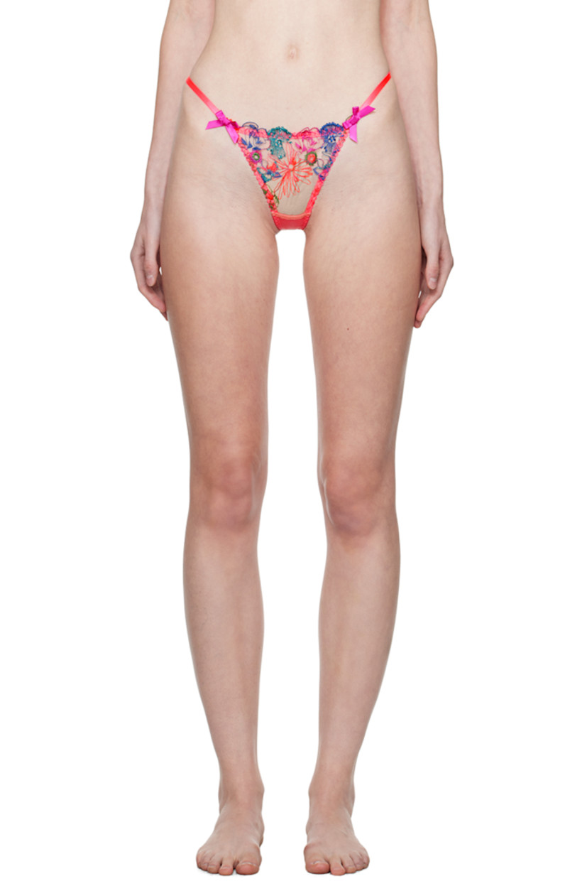 Sheer nylon tulle thong. Floral pattern embroidered throughout.

· Bow accents at elasticized waistband
· Scalloped edge at front
· Cutout at back
· Partial cotton jersey lining

Supplier color: Orange/Teal/Pink
