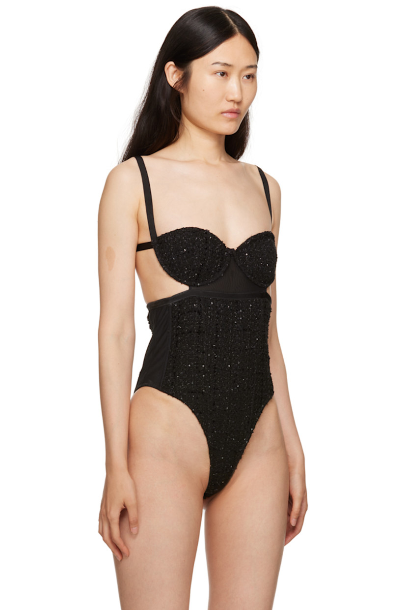 Semi-sheer cotton- and polyester-blend tweed bodysuit. Sequins, metallic thread detailing, and boning throughout.

· Paneled construction 
· Sweetheart neck
· Underwire and mesh trim at cups 
· Press-stud closure at bottom
· Cut out at side-seams
· Adjustable elasticized shoulder straps 
· Tab-slot fastening at open back
· Partial mesh lining 
· Logo-engraved gold-tone hardware 

Supplier color: Black