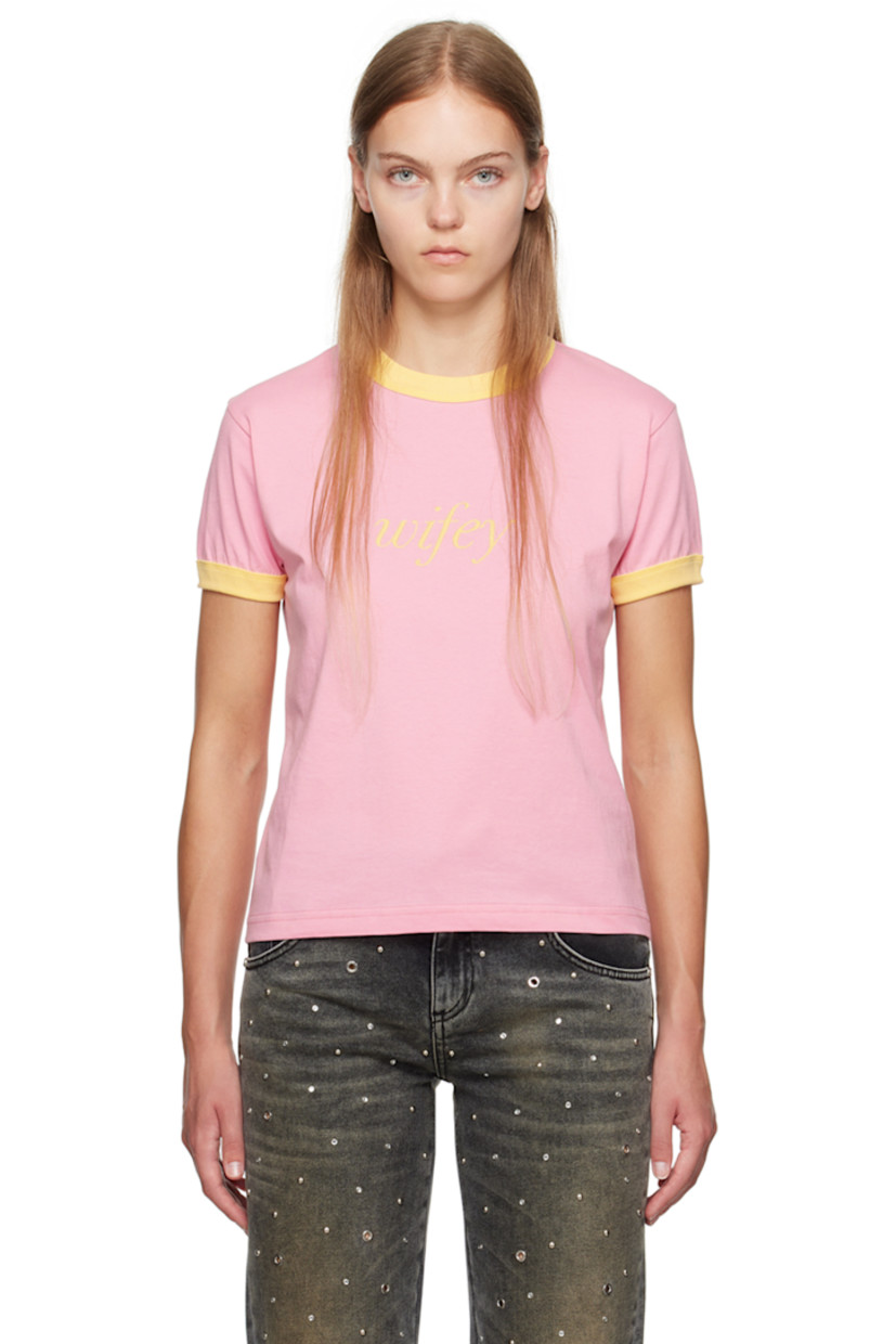 Cotton jersey T-shirt. 

· Rib knit crewneck and cuffs
· Text embroidered at front
· Logo embroidered at back collar

Supplier color: Pink