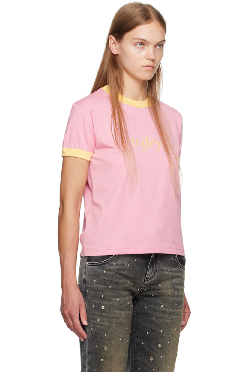 Cotton jersey T-shirt. 

· Rib knit crewneck and cuffs
· Text embroidered at front
· Logo embroidered at back collar

Supplier color: Pink