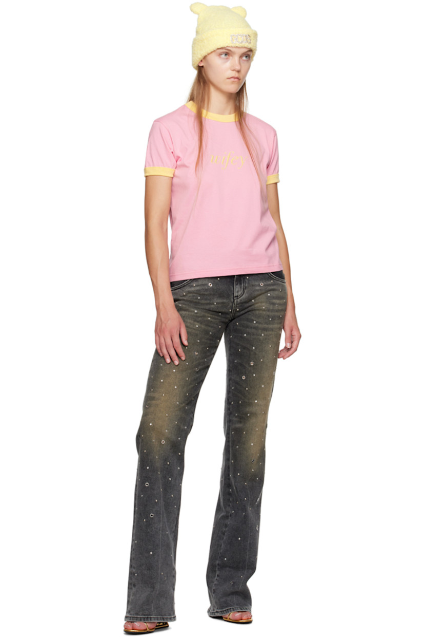 Cotton jersey T-shirt. 

· Rib knit crewneck and cuffs
· Text embroidered at front
· Logo embroidered at back collar

Supplier color: Pink