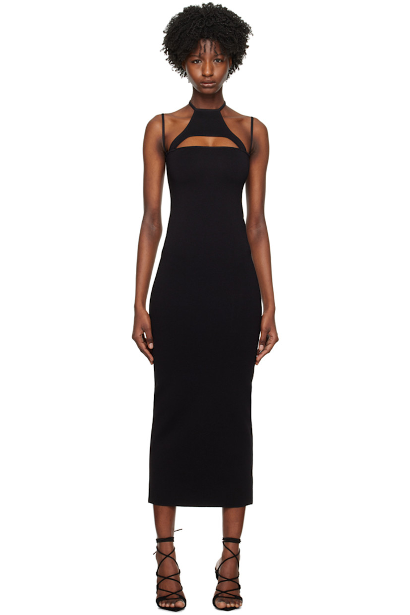 Knit rayon- and nylon-blend dress. 

· Modified round neck
· Cutout at chest
· Fixed spaghetti shoulder straps 
· Self-tie halter strap
· Central vent at back hem 

Supplier color: Black