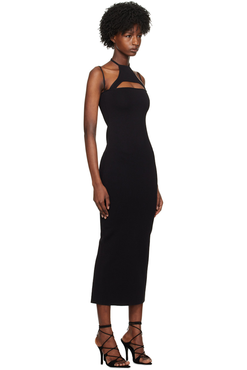 Knit rayon- and nylon-blend dress. 

· Modified round neck
· Cutout at chest
· Fixed spaghetti shoulder straps 
· Self-tie halter strap
· Central vent at back hem 

Supplier color: Black