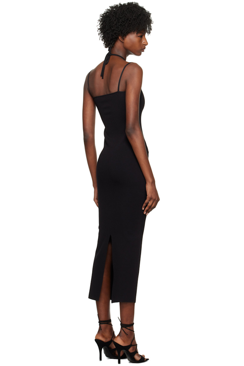 Knit rayon- and nylon-blend dress. 

· Modified round neck
· Cutout at chest
· Fixed spaghetti shoulder straps 
· Self-tie halter strap
· Central vent at back hem 

Supplier color: Black