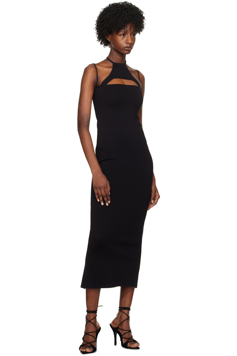 Knit rayon- and nylon-blend dress. 

· Modified round neck
· Cutout at chest
· Fixed spaghetti shoulder straps 
· Self-tie halter strap
· Central vent at back hem 

Supplier color: Black