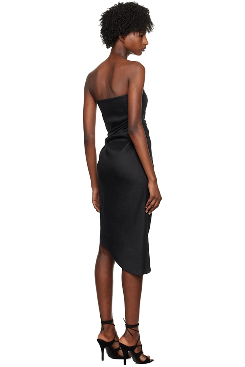 Stretch linen- and viscose-blend twill dress. 

· Wrap construction
· Straight neck
· Boning at chest
· Draping at waist
· Vented asymmetric hem 
· Partial satin lining

Supplier color: Black