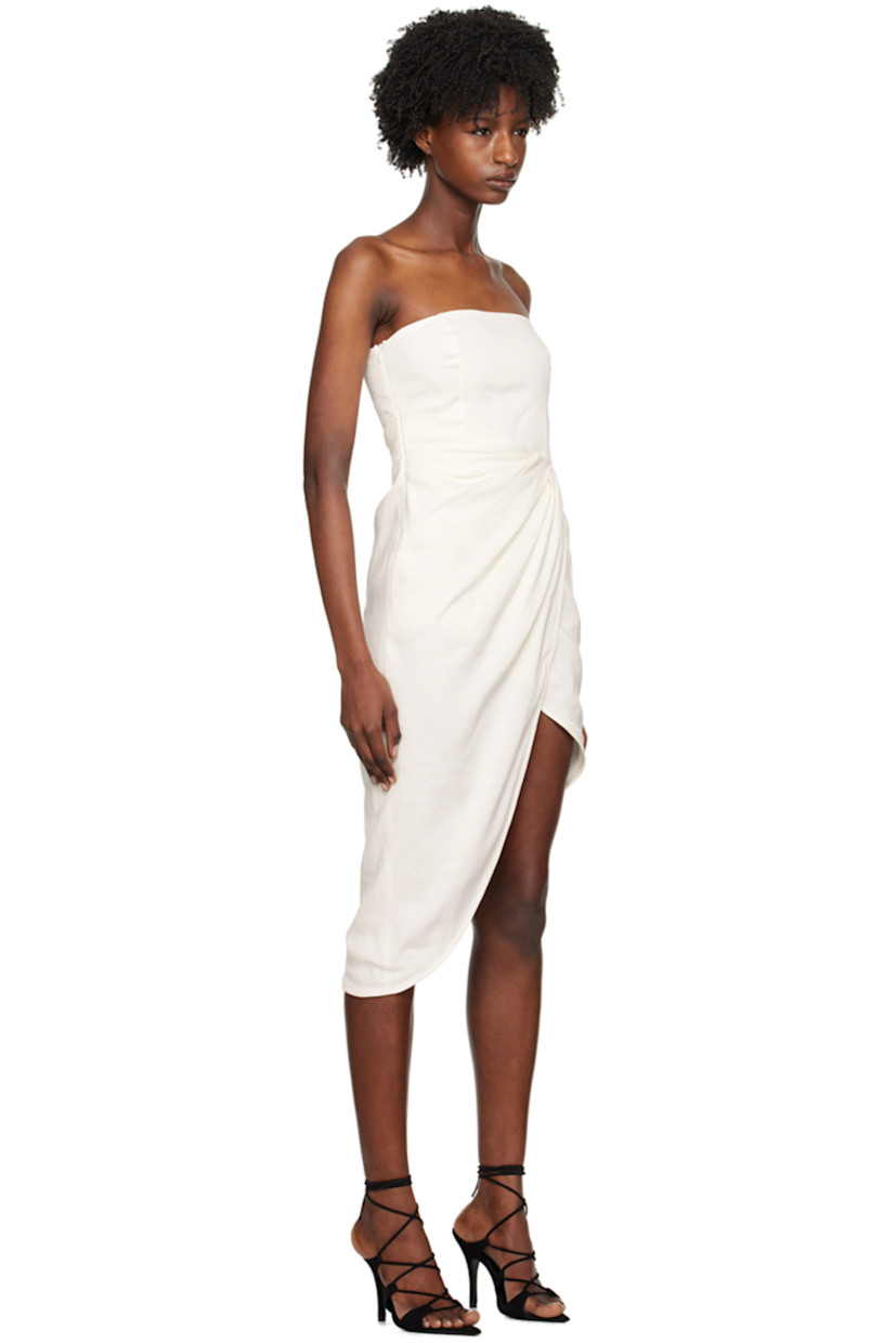 Stretch linen- and viscose-blend twill dress. 

· Wrap construction
· Straight neck
· Boning at chest
· Draping at waist
· Vented asymmetric hem 
· Full satin lining

Supplier color: Ivory
