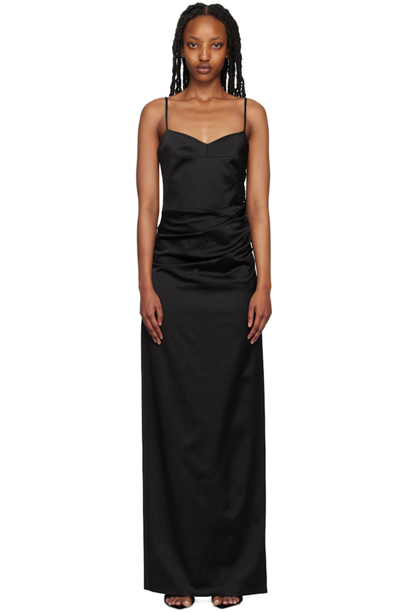 Stretch viscose- and virgin wool-blend sateen dress.

· Sweetheart neck
· Gathering at waist
· Vent at side seam
· Concealed zip closure at side seam
· Adjustable shoulder straps
· Full satin lining

Supplier color: Black