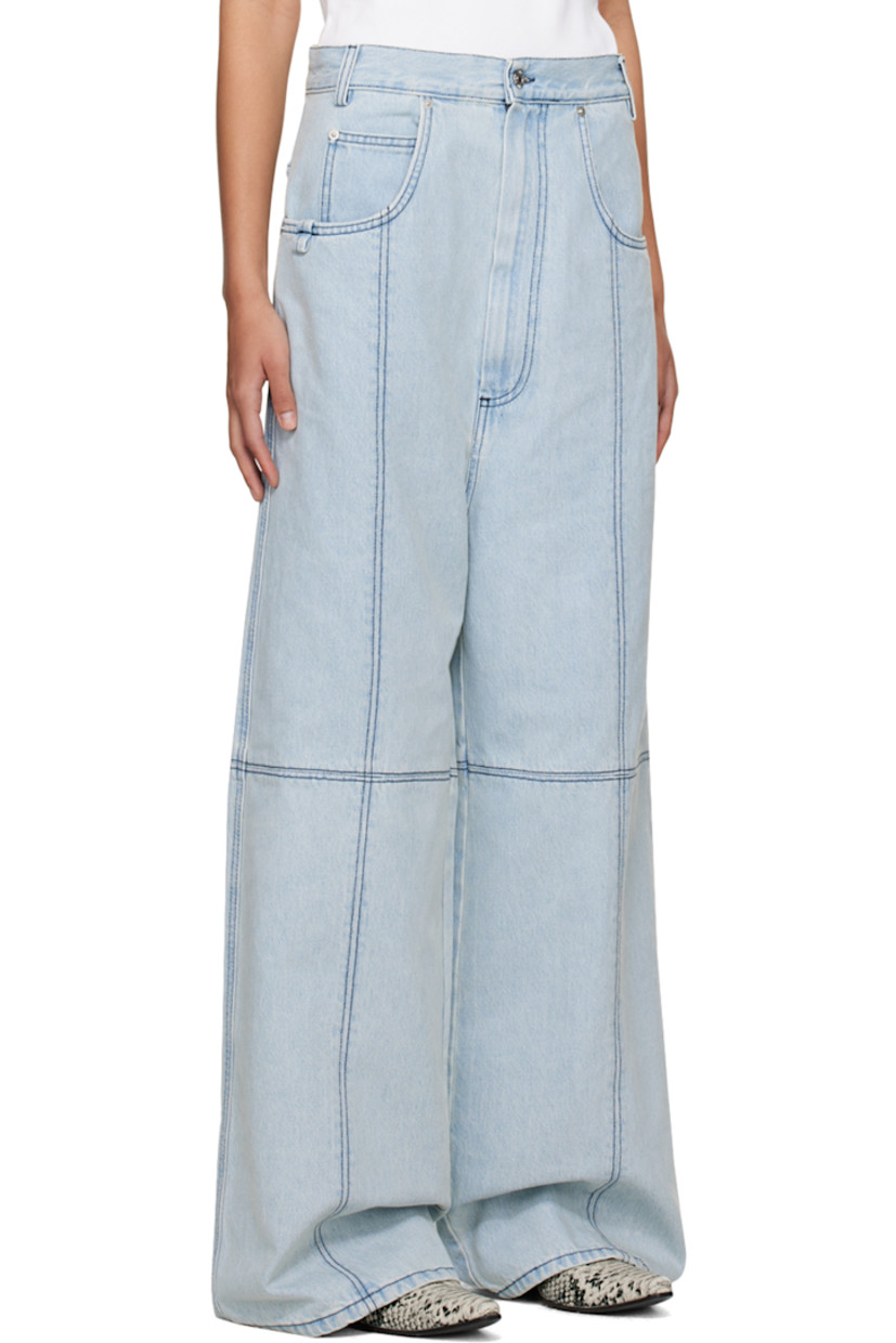 Non-stretch denim jeans. 

· Paneled construction
· Belt loops
· Five-pocket styling
· Zip-fly
· Logo patch at back waistband

Supplier color: Ice blue