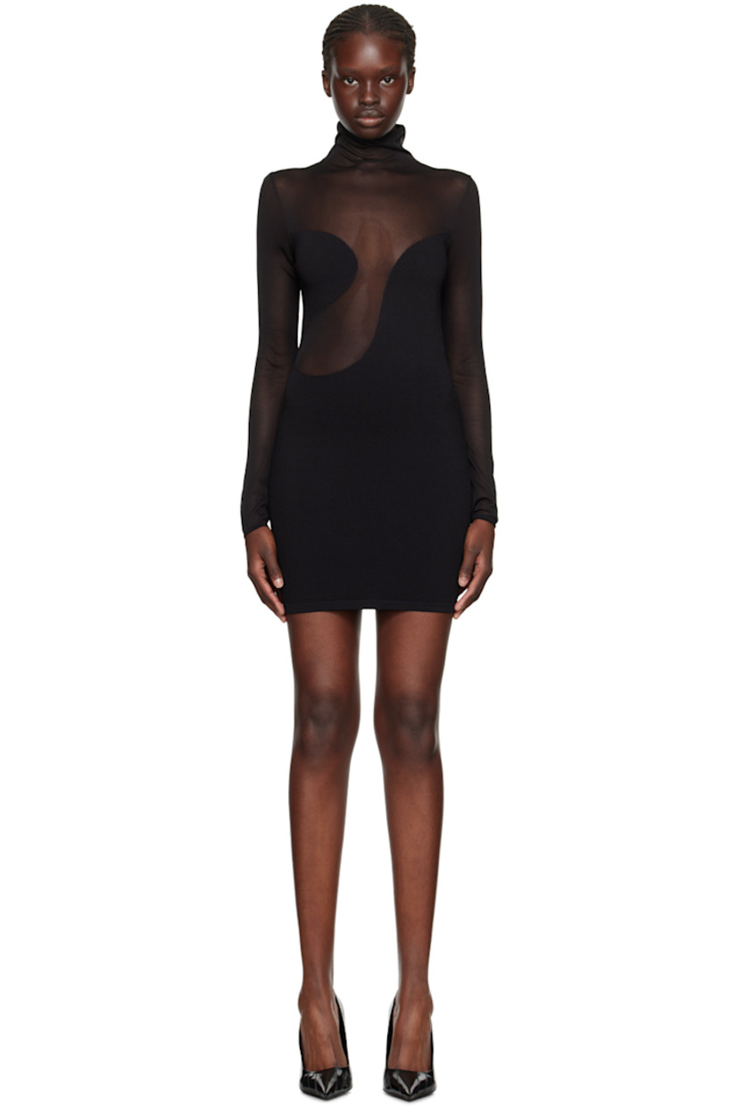 Semi-sheer knit viscose-blend and nylon-blend mesh dress.

· Asymmetrical and paneled construction
· Mock neck
· Zip closure at back

Supplier color: Black