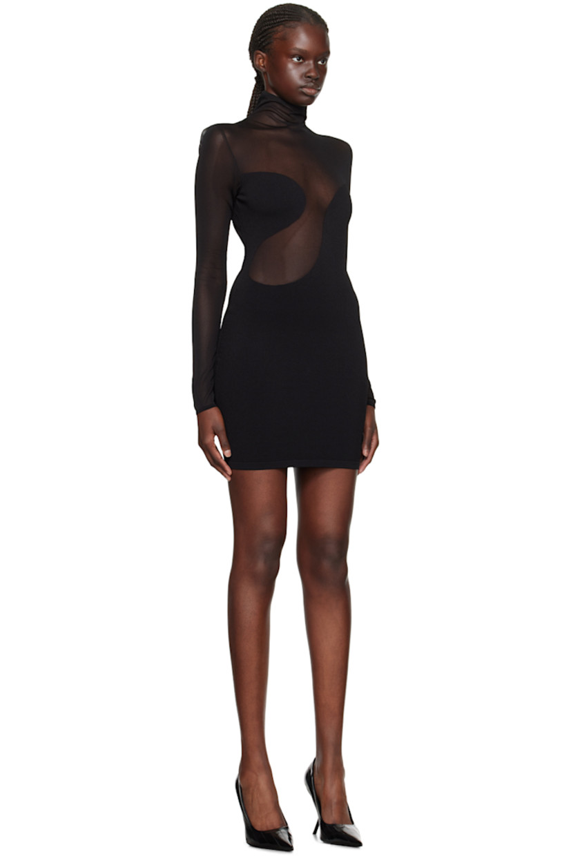 Semi-sheer knit viscose-blend and nylon-blend mesh dress.

· Asymmetrical and paneled construction
· Mock neck
· Zip closure at back

Supplier color: Black