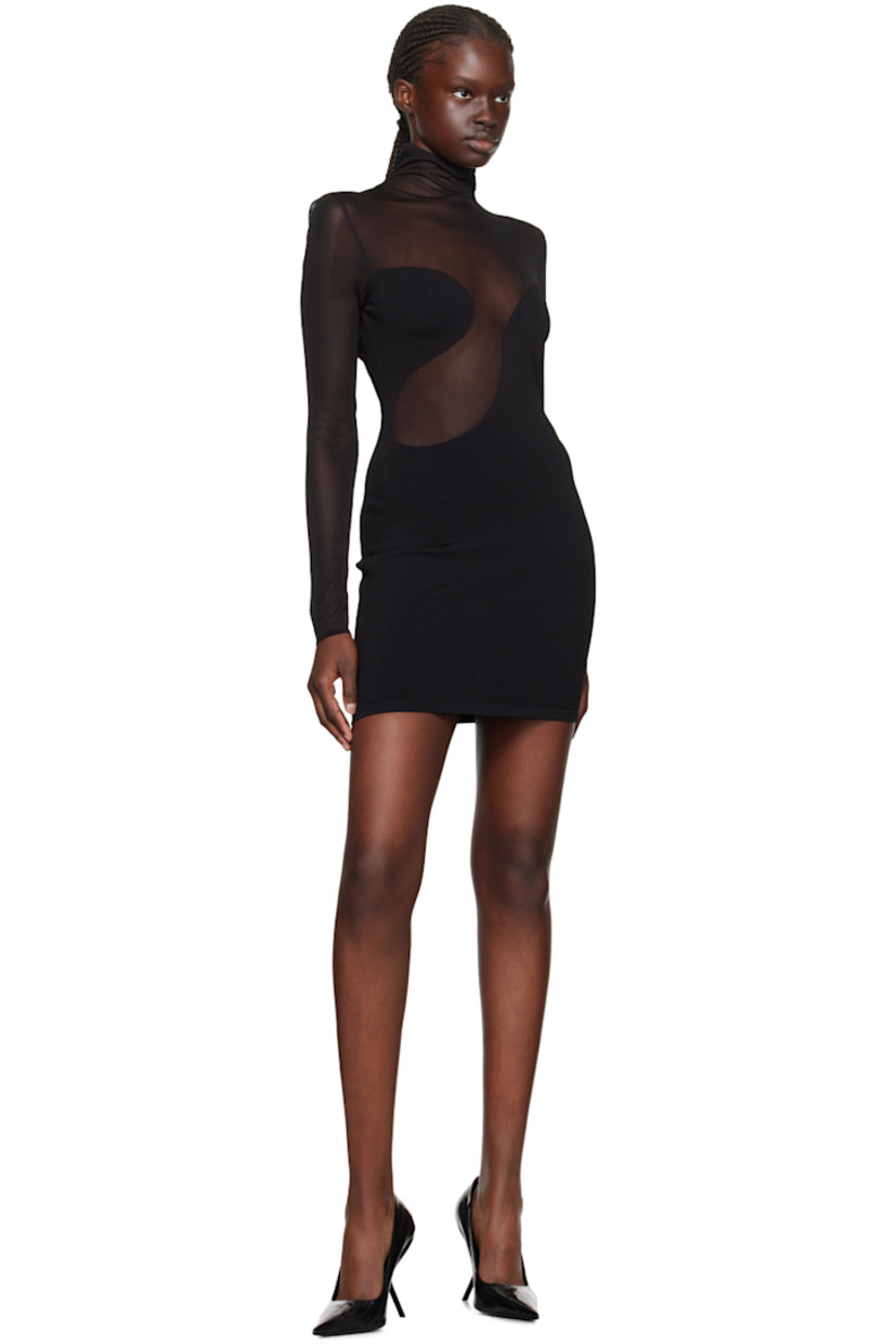 Semi-sheer knit viscose-blend and nylon-blend mesh dress.

· Asymmetrical and paneled construction
· Mock neck
· Zip closure at back

Supplier color: Black