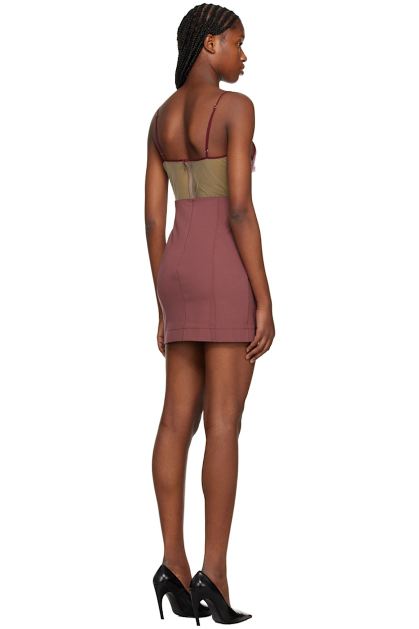 Semi-sheer stretch viscose-blend jersey and mesh dress. 

· Sweetheart neck
· Ruffled detailing at cups
· Adjustable spaghetti straps
· Zip closure at back

Supplier color: Crushed berry
