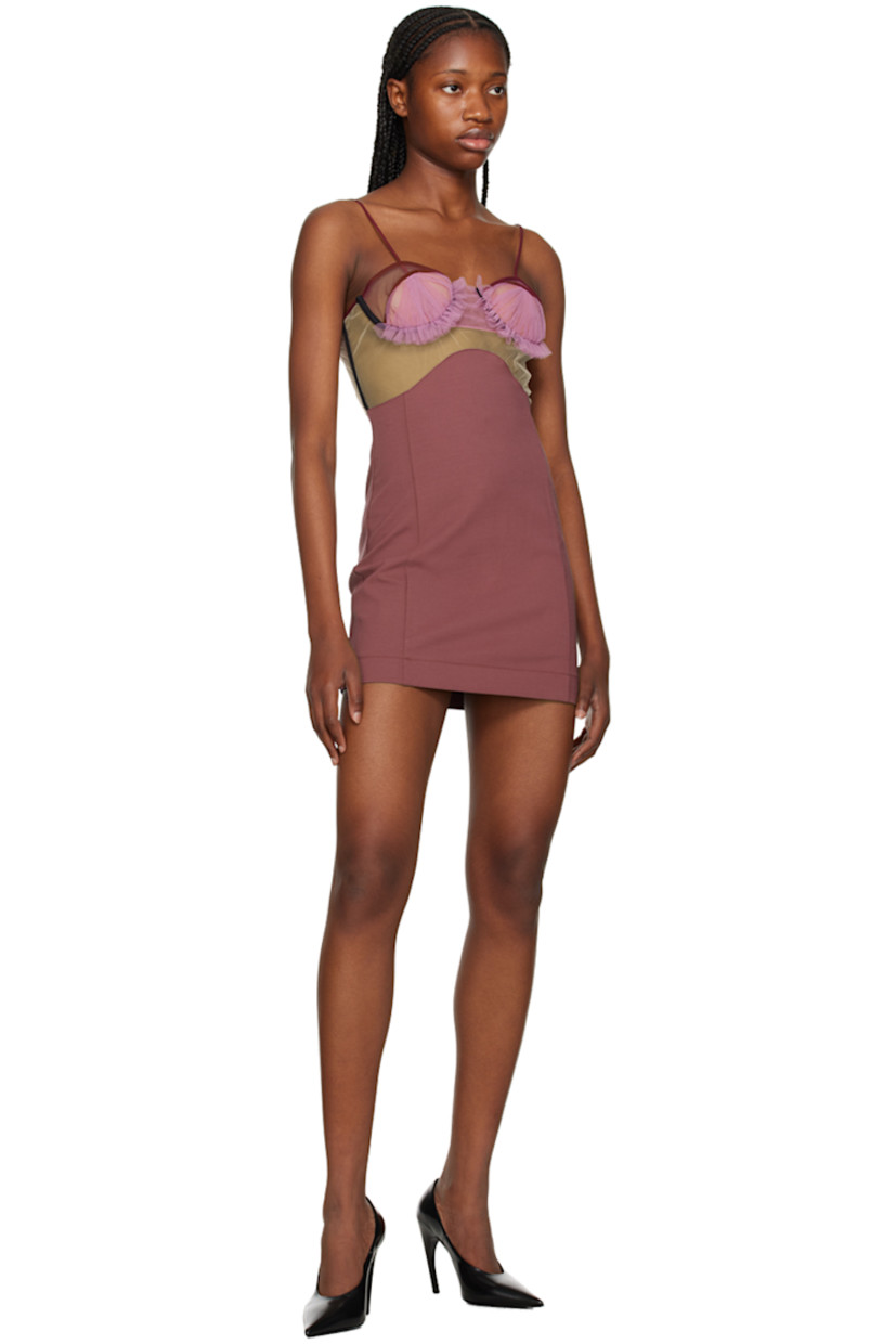 Semi-sheer stretch viscose-blend jersey and mesh dress. 

· Sweetheart neck
· Ruffled detailing at cups
· Adjustable spaghetti straps
· Zip closure at back

Supplier color: Crushed berry
