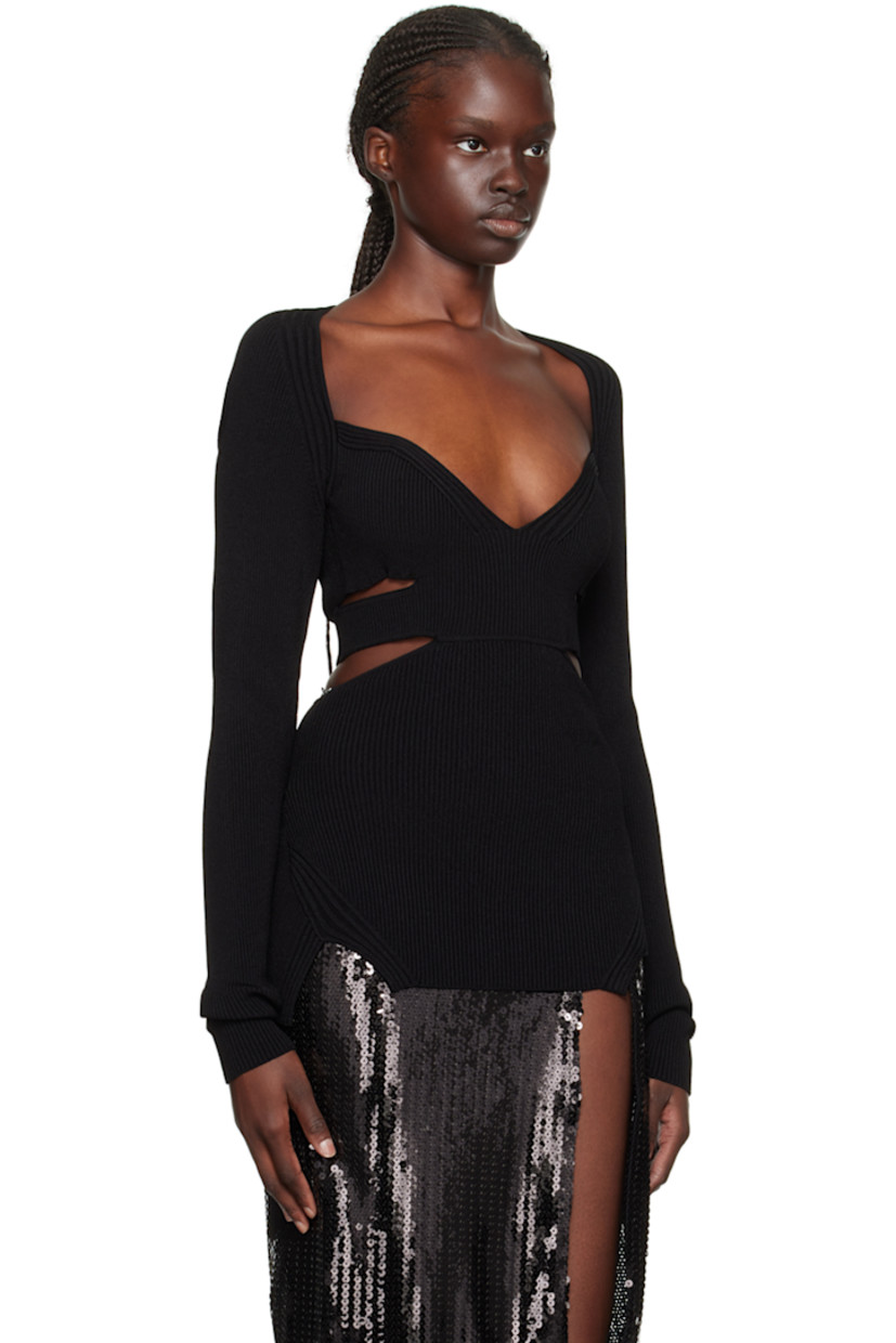 Rib knit viscose-blend sweater. 

· Sweetheart neck
· Cutouts at waist 
· Vented side seams 
· Strap at back

Supplier color: Black