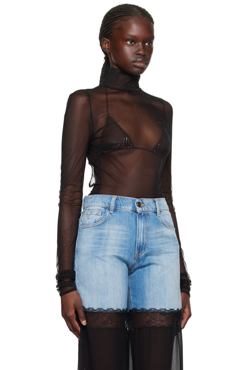 Semi-sheer stretch nylon mesh bodysuit. 

· Mock neck 
· Press-stud closure at bottom
· Grosgrain self-tie straps and cutouts at back

Supplier color: Black