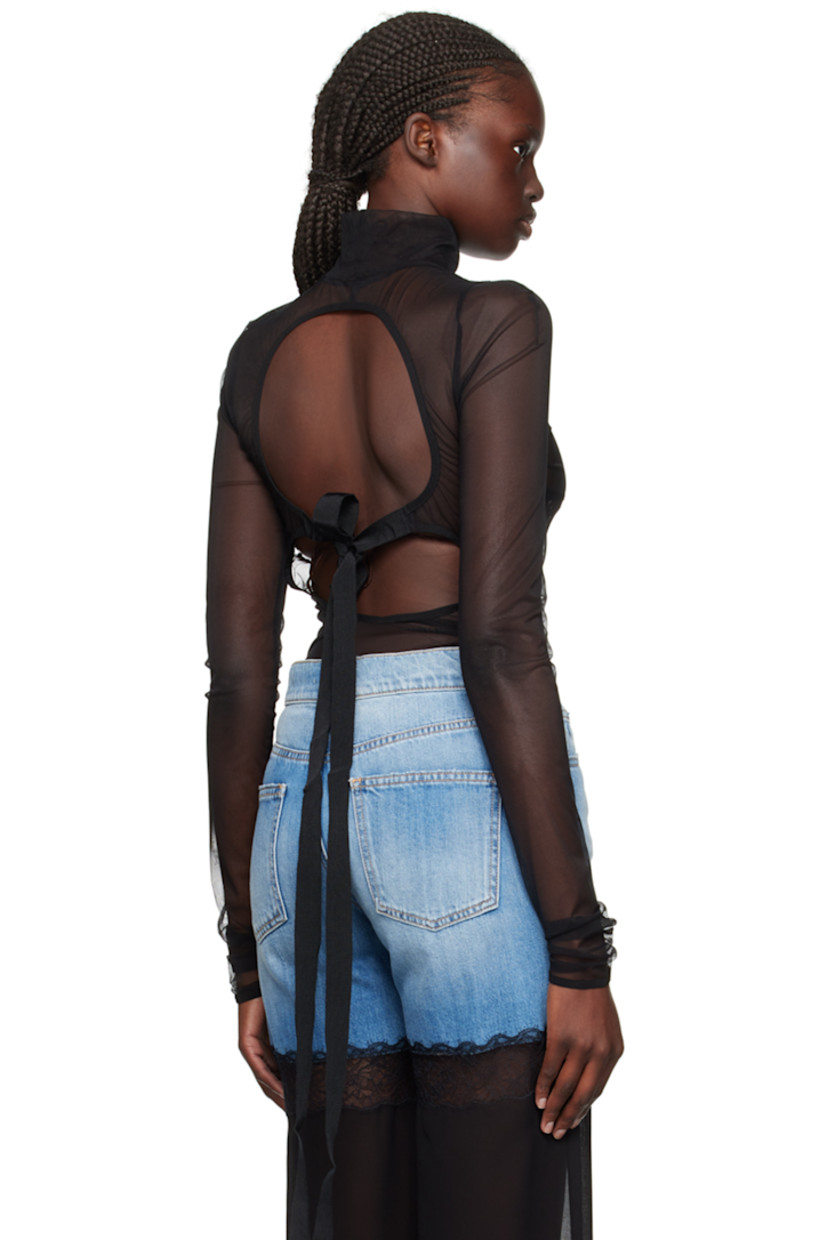 Semi-sheer stretch nylon mesh bodysuit. 

· Mock neck 
· Press-stud closure at bottom
· Grosgrain self-tie straps and cutouts at back

Supplier color: Black