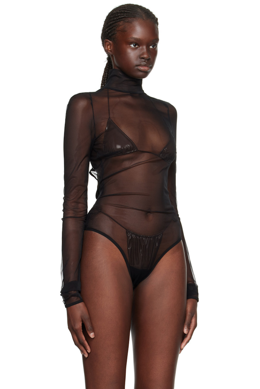 Semi-sheer stretch nylon mesh bodysuit. 

· Mock neck 
· Press-stud closure at bottom
· Grosgrain self-tie straps and cutouts at back

Supplier color: Black