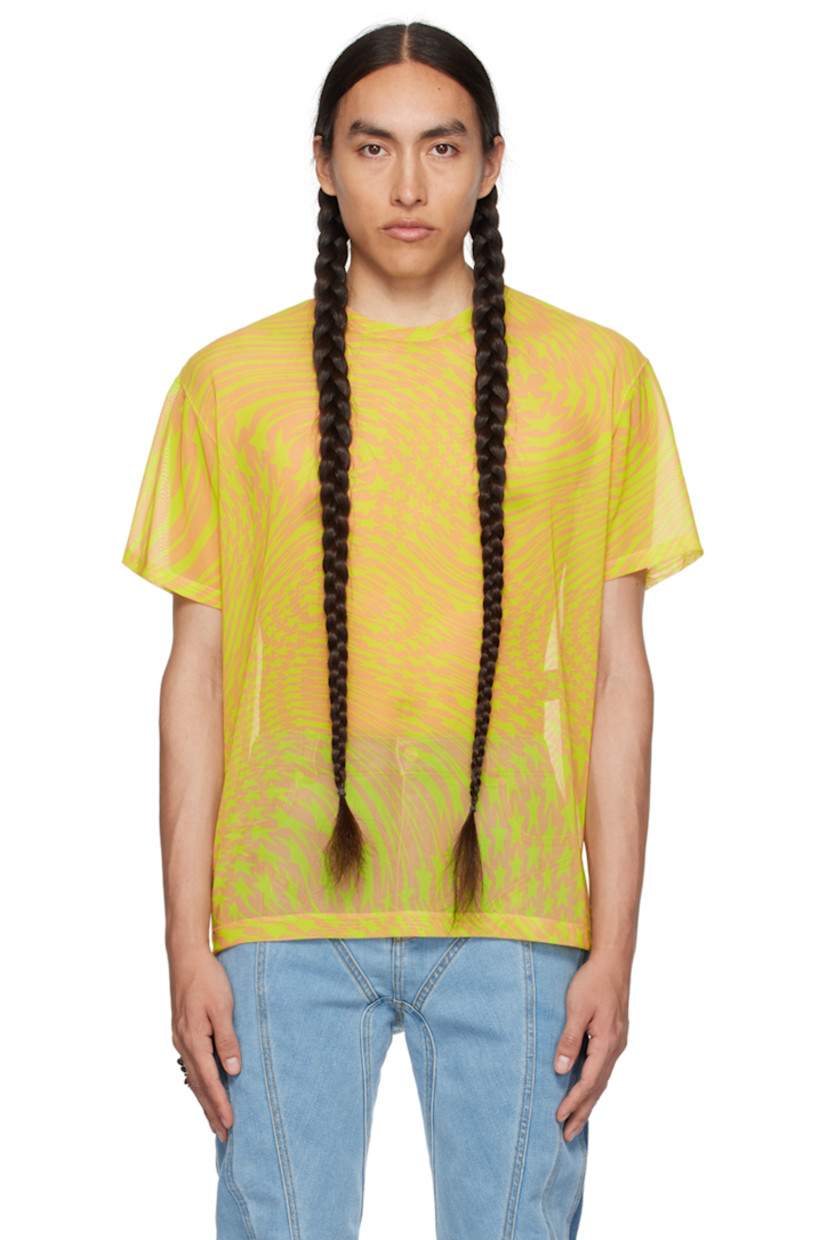 Semi-sheer stretch nylon mesh T-shirt.

· Graphic pattern printed throughout
· Crewneck

Supplier color: Star powder/Lime