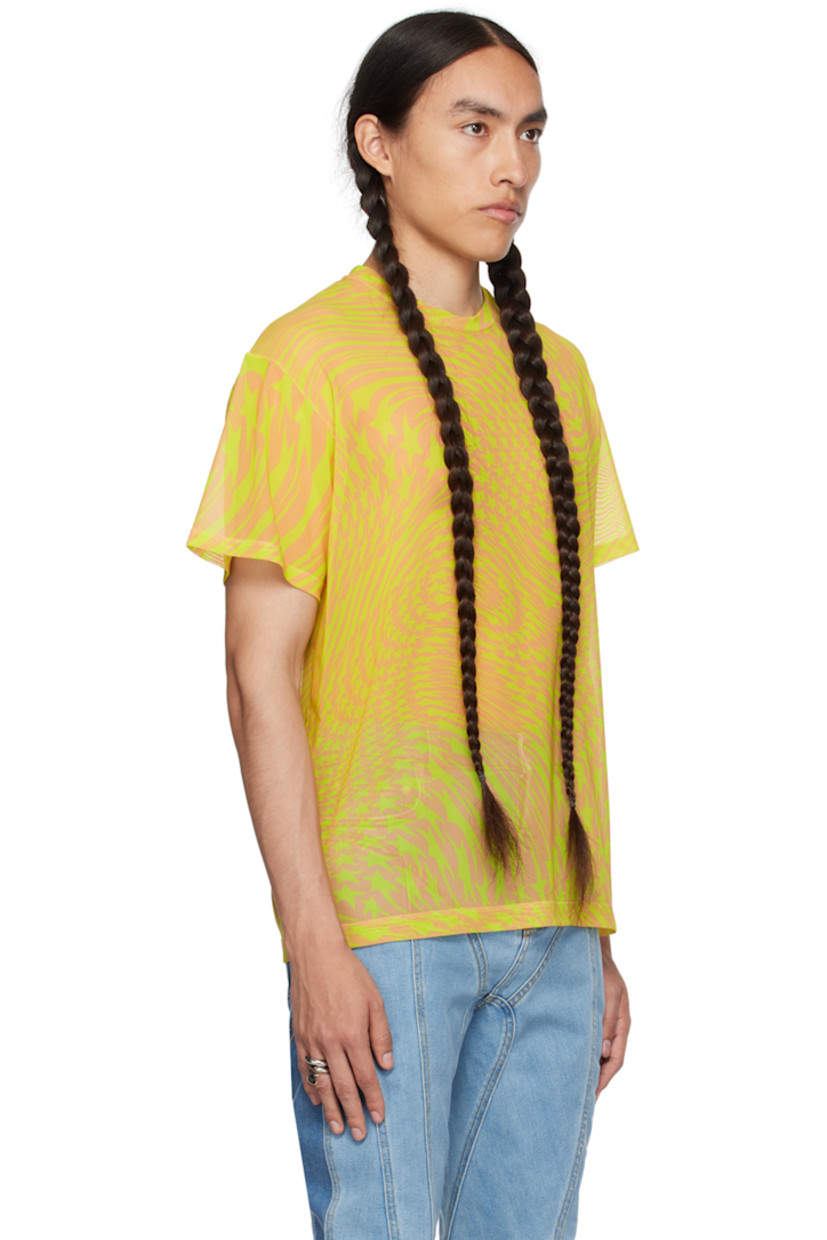 Semi-sheer stretch nylon mesh T-shirt.

· Graphic pattern printed throughout
· Crewneck

Supplier color: Star powder/Lime
