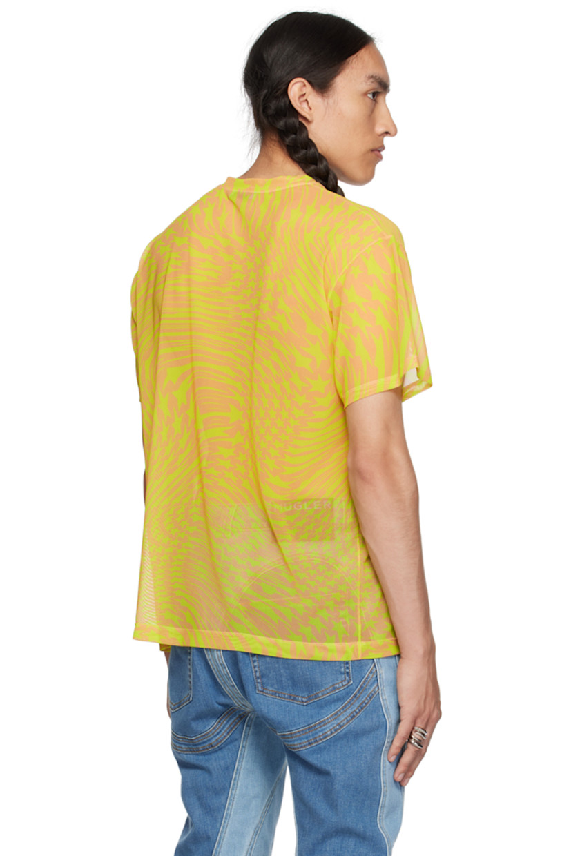 Semi-sheer stretch nylon mesh T-shirt.

· Graphic pattern printed throughout
· Crewneck

Supplier color: Star powder/Lime