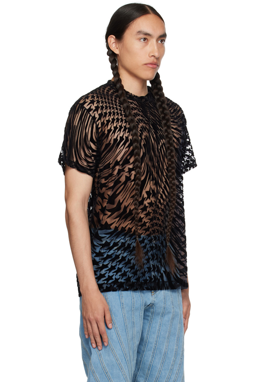 Semi-sheer stretch nylon tulle T-shirt. 

· Graphic pattern flocked throughout
· Crewneck

Supplier color: Black/Black