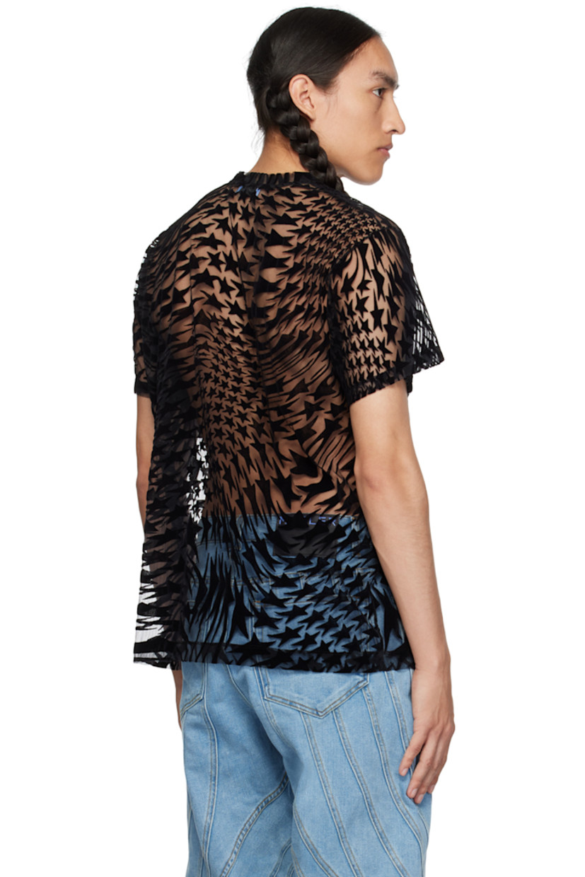 Semi-sheer stretch nylon tulle T-shirt. 

· Graphic pattern flocked throughout
· Crewneck

Supplier color: Black/Black