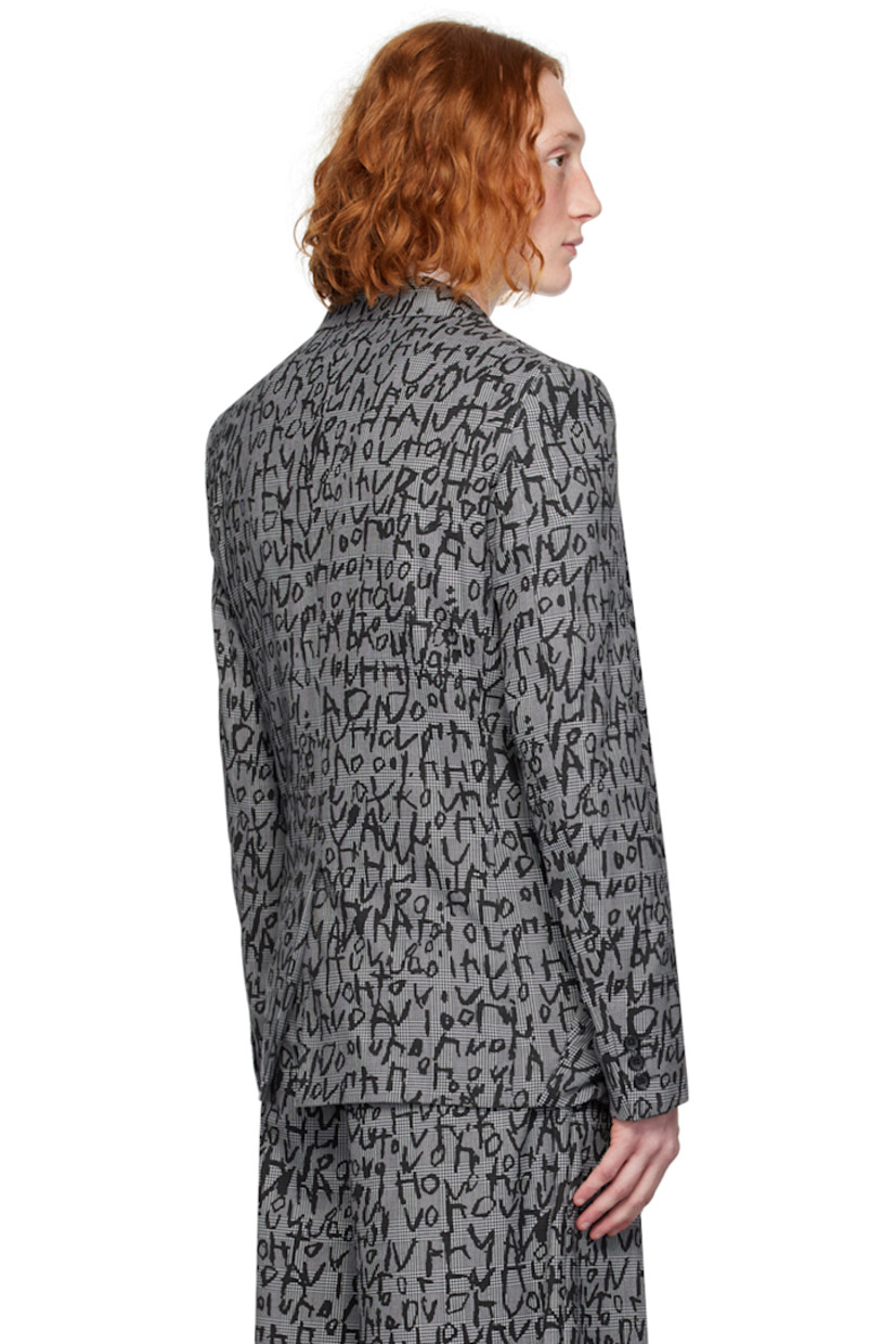 Wool- and polyester-blend houndstooth blazer. Jacquard woven check pattern and printed text throughout.

· Notched lapel
· Two-button closure
· Sculptural padded inserts at front
· Three-button surgeon's cuffs
· Central vent at back hem
· Welt pockets at interior
· Full satin lining

Supplier color: Black/Natural/Black