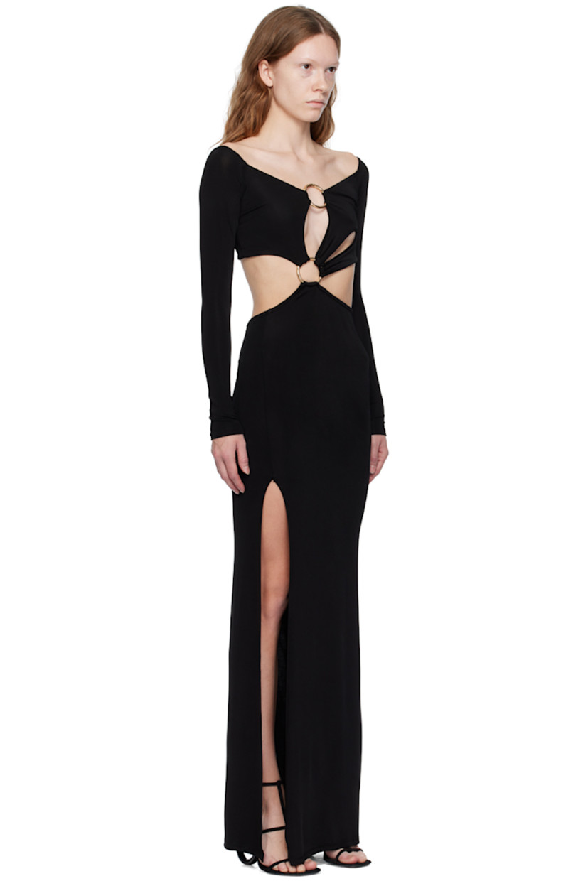 Stretch viscose jersey dress.

· Asymmetrical construction
· Boat neck
· Cutouts and hinged O-rings at front
· Vented side seam
· Self-tie fastenings at back

Supplier color: Black