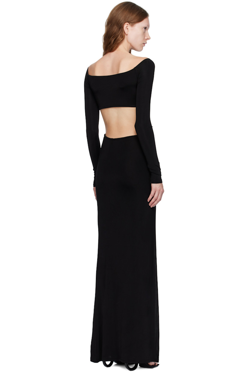 Stretch viscose jersey dress.

· Asymmetrical construction
· Boat neck
· Cutouts and hinged O-rings at front
· Vented side seam
· Self-tie fastenings at back

Supplier color: Black