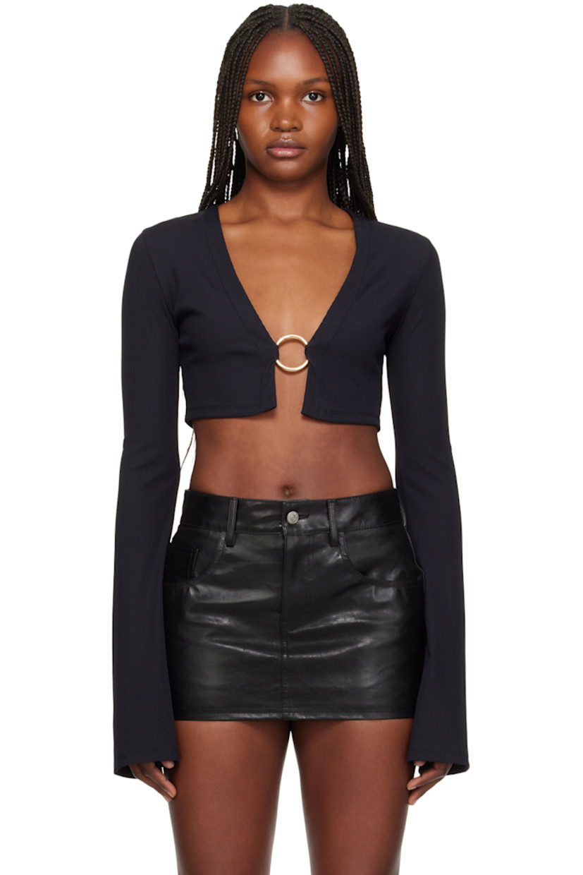 Stretch nylon jersey cardigan.

· Plunging neckline
· Lanyard clasp at open front
· Cropped hem

Supplier color: Black