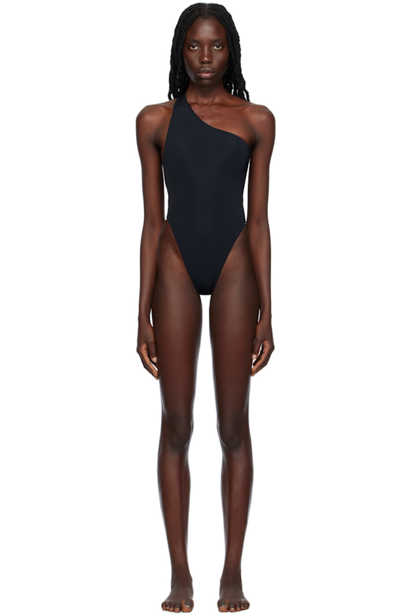 Stretch nylon jersey one-piece swimsuit. 

· Single-shoulder construction
· Partially open back 
· Fully lined

Supplier color: Black