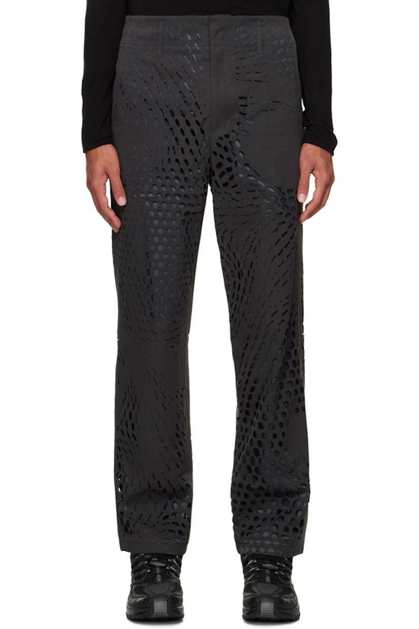 Polyester-blend faille trousers. Laser-cut perforated detailing throughout. 

· Belt loops
· Two-pocket styling
· Zip-fly
· Full satin lining

Part of the 5.1 collection

Supplier color: Black