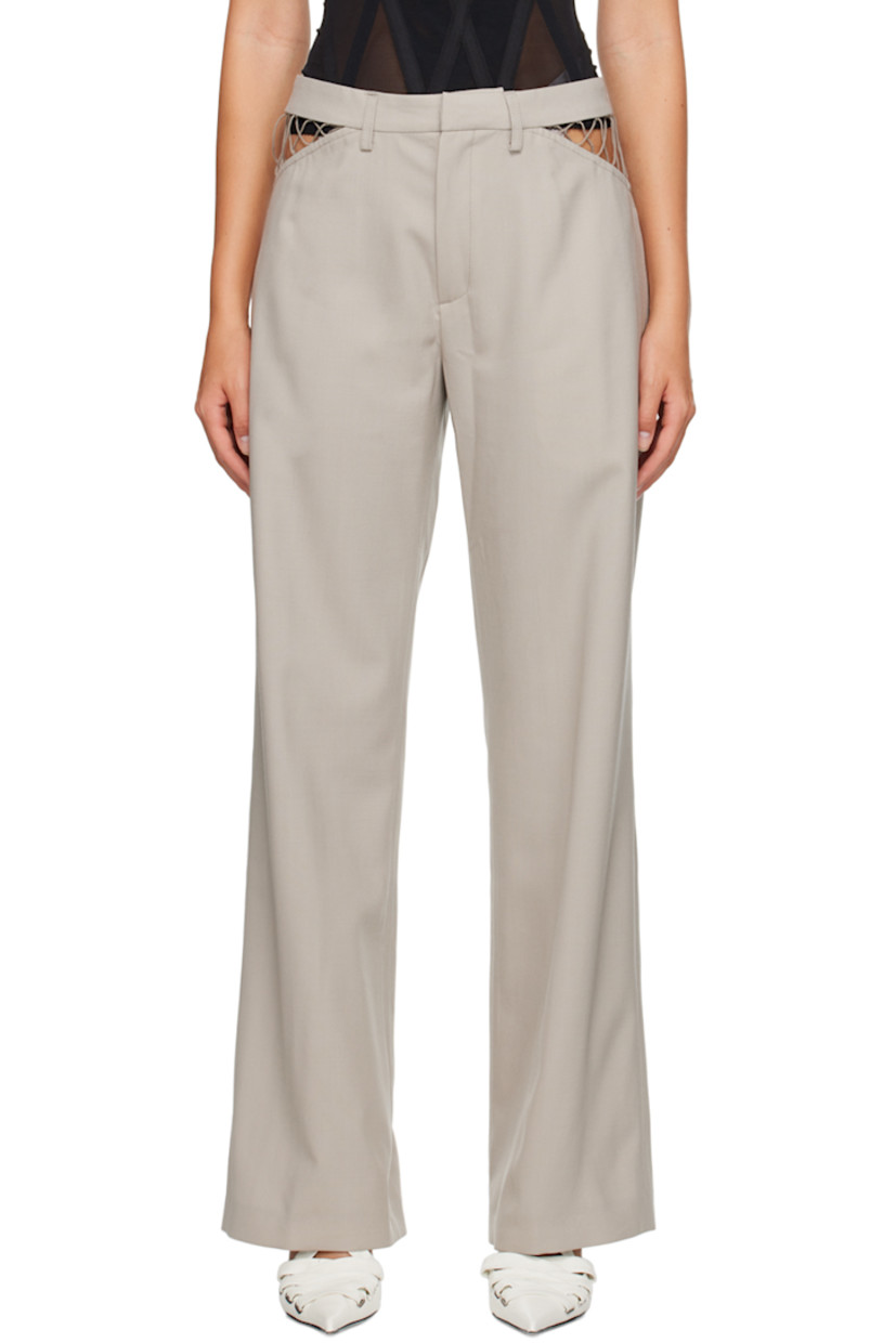 Wool delaine trousers. 

· Belt loops 
· Four-pocket styling 
· Zip-fly 
· Cutouts and lace detailing at waist

Supplier color: Alloy