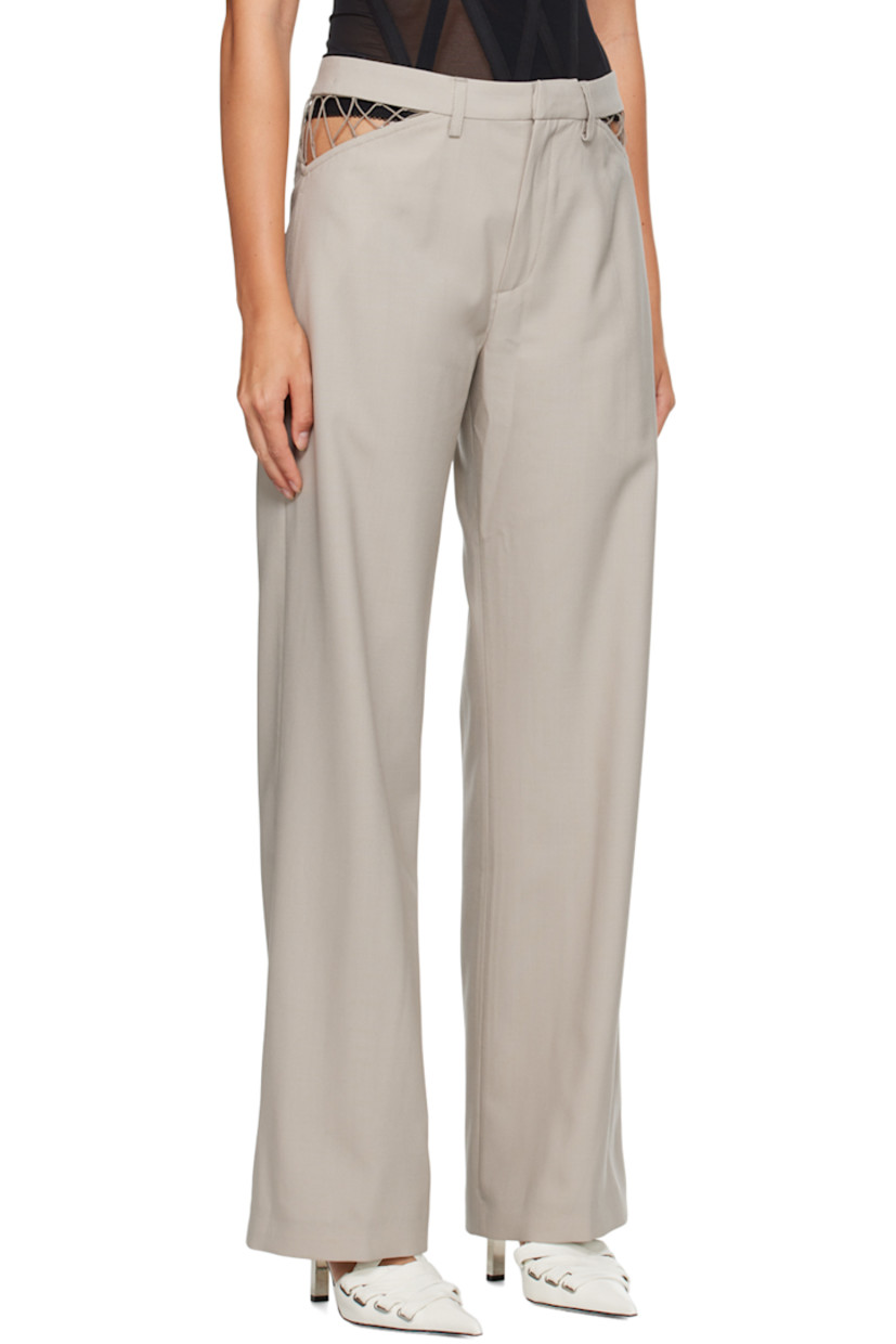 Wool delaine trousers. 

· Belt loops 
· Four-pocket styling 
· Zip-fly 
· Cutouts and lace detailing at waist

Supplier color: Alloy