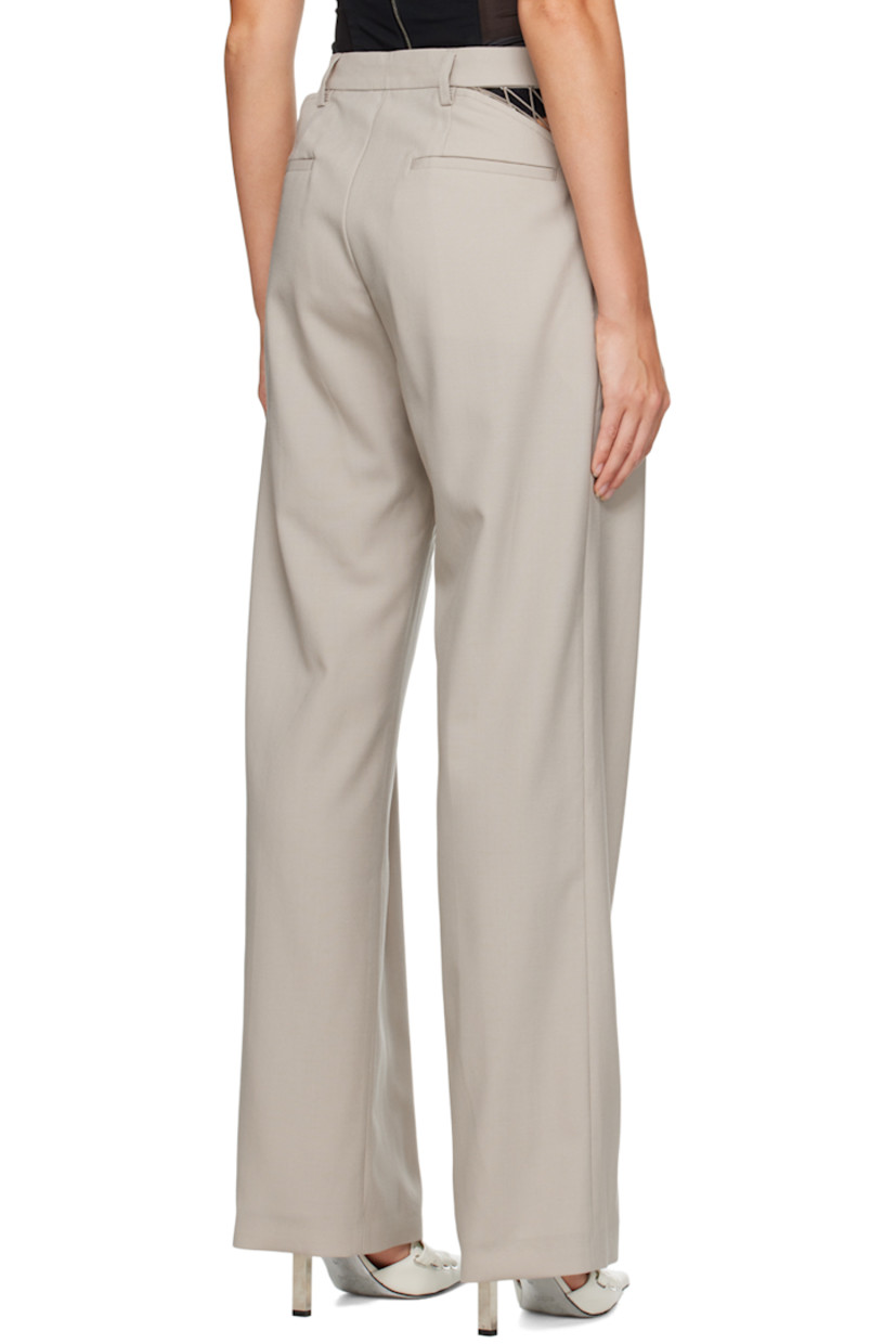 Wool delaine trousers. 

· Belt loops 
· Four-pocket styling 
· Zip-fly 
· Cutouts and lace detailing at waist

Supplier color: Alloy