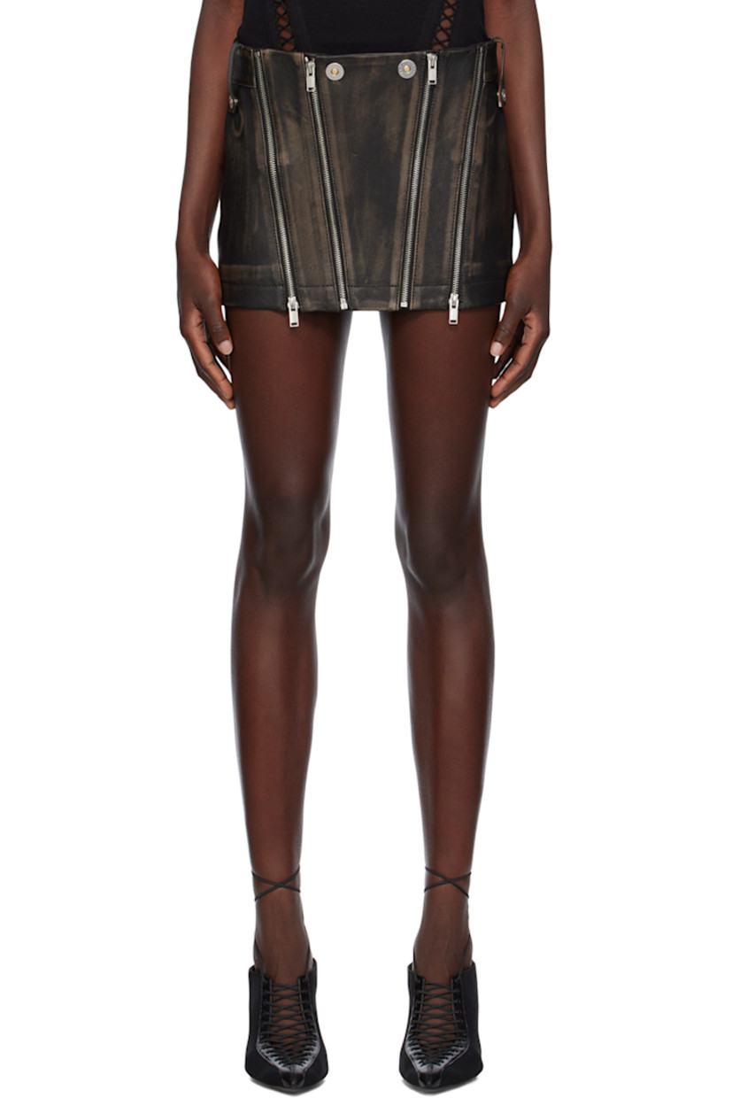 Grained calfskin skirt. Zip vents throughout.

· Belt loops
· Offset zip closure
· Fully lined
· Logo-engraved antiqued silver-tone hardware

Supplier color: Burnished black