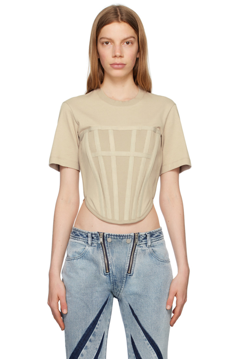 Organic cotton jersey T-shirt. 

· Paneled construction
· Rib knit crewneck
· Boning at front
· Asymmetric hem

Supplier color: Alloy