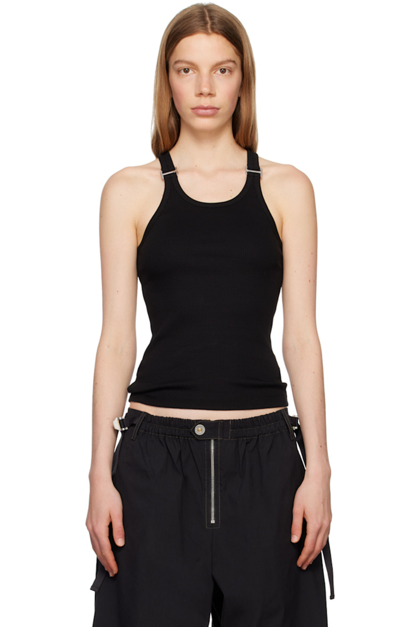 Rib knit stretch organic cotton tank top. 

· Crewneck
· Silver-tone hook-eye at straps

Supplier color: Black