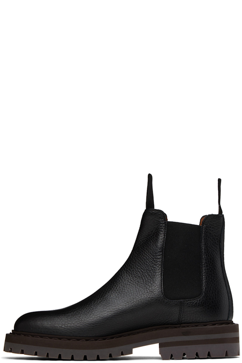 Ankle-high grained leather Chelsea boots in black. Signature series stamp in gold-tone at outer side.

· Grosgrain pull-loops at collar
· Elasticized gusset at sides
· Buffed leather lining in tan
· Stacked foam rubber midsole
· Treaded rubber sole
· Heel: H1.5 in

Supplier color: Black