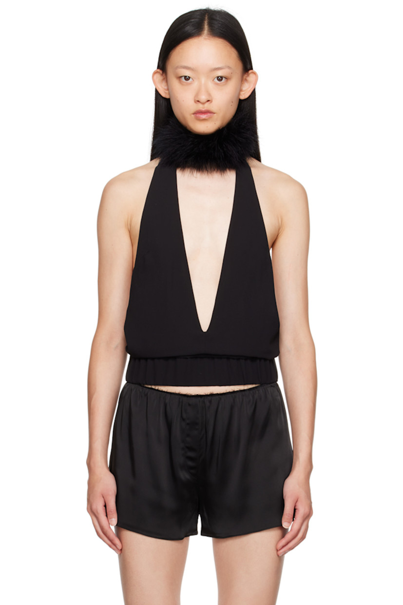 Polyester georgette tank top. 

· Turkey feather trim at collar
· Plunging neck
· Halter strap with press-stud fastening 
· Elasticized hem
· Low back

Supplier color:  Jet black

Trim: 100% turkey feather.