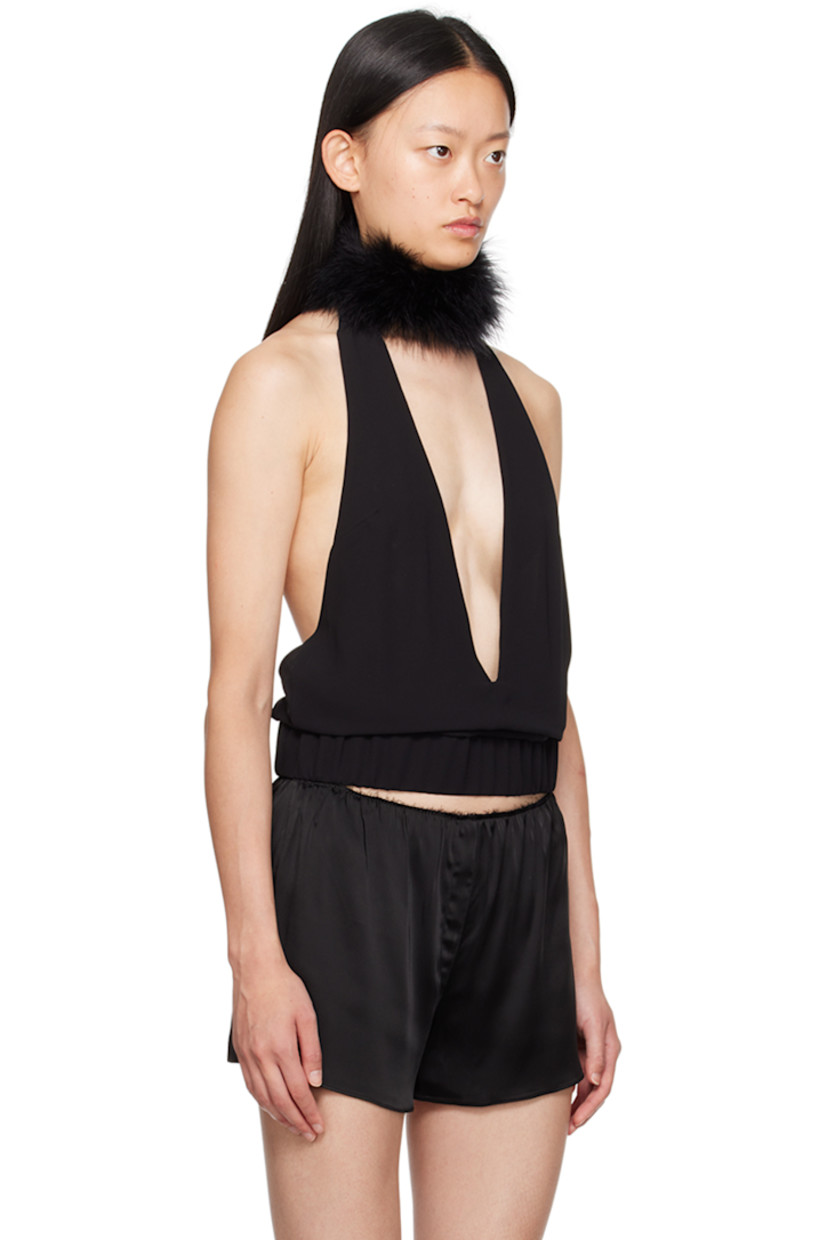 Polyester georgette tank top. 

· Turkey feather trim at collar
· Plunging neck
· Halter strap with press-stud fastening 
· Elasticized hem
· Low back

Supplier color:  Jet black

Trim: 100% turkey feather.