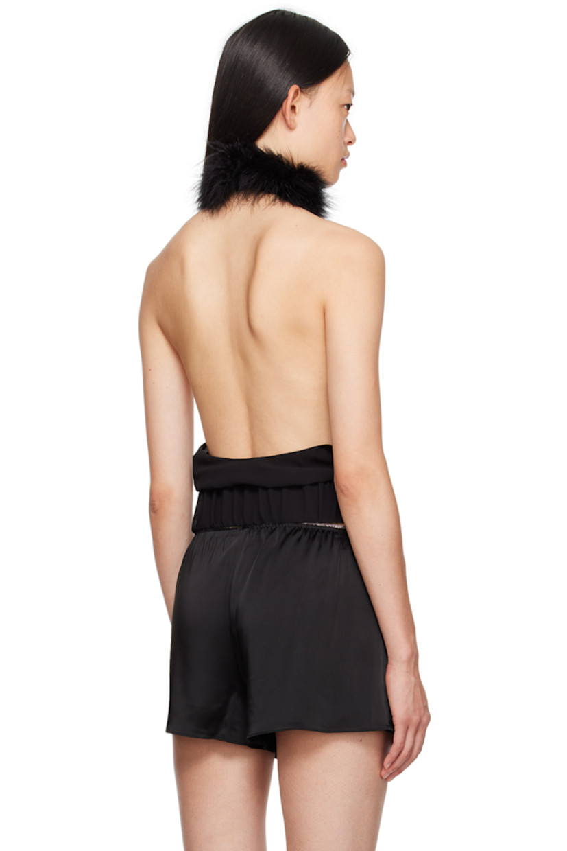 Polyester georgette tank top. 

· Turkey feather trim at collar
· Plunging neck
· Halter strap with press-stud fastening 
· Elasticized hem
· Low back

Supplier color:  Jet black

Trim: 100% turkey feather.