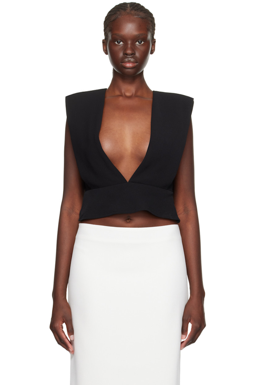 Polyester crepe tank top. 

· Layered construction
· Plunging V-neck
· Padded shoulders
· Low back
· Partial satin lining

Supplier color: Black
